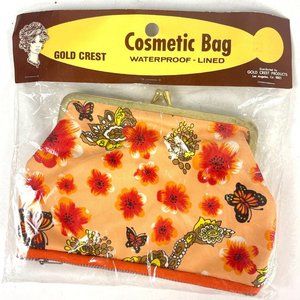 Floral Butterfly Print Vtg Gold Crest Cosmetic Bag Waterproof Lined Deadstock